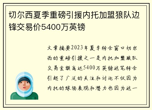 切尔西夏季重磅引援内托加盟狼队边锋交易价5400万英镑 切尔西夏季重磅引援内托加盟狼队边锋交易价5400万英镑